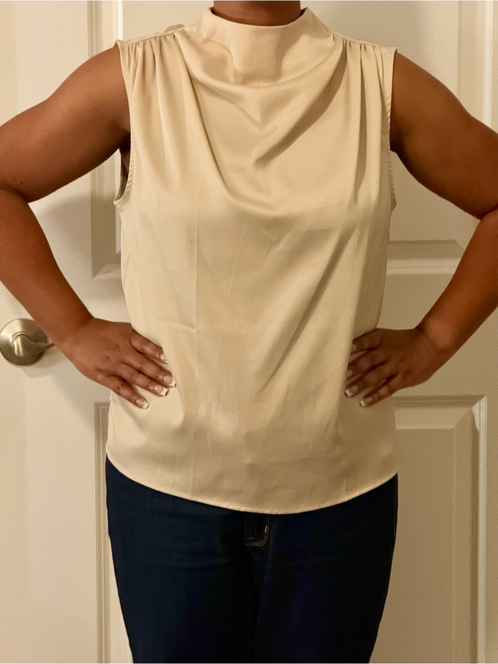 Amazon Sleeveless Mock Neck Blouse in Beige